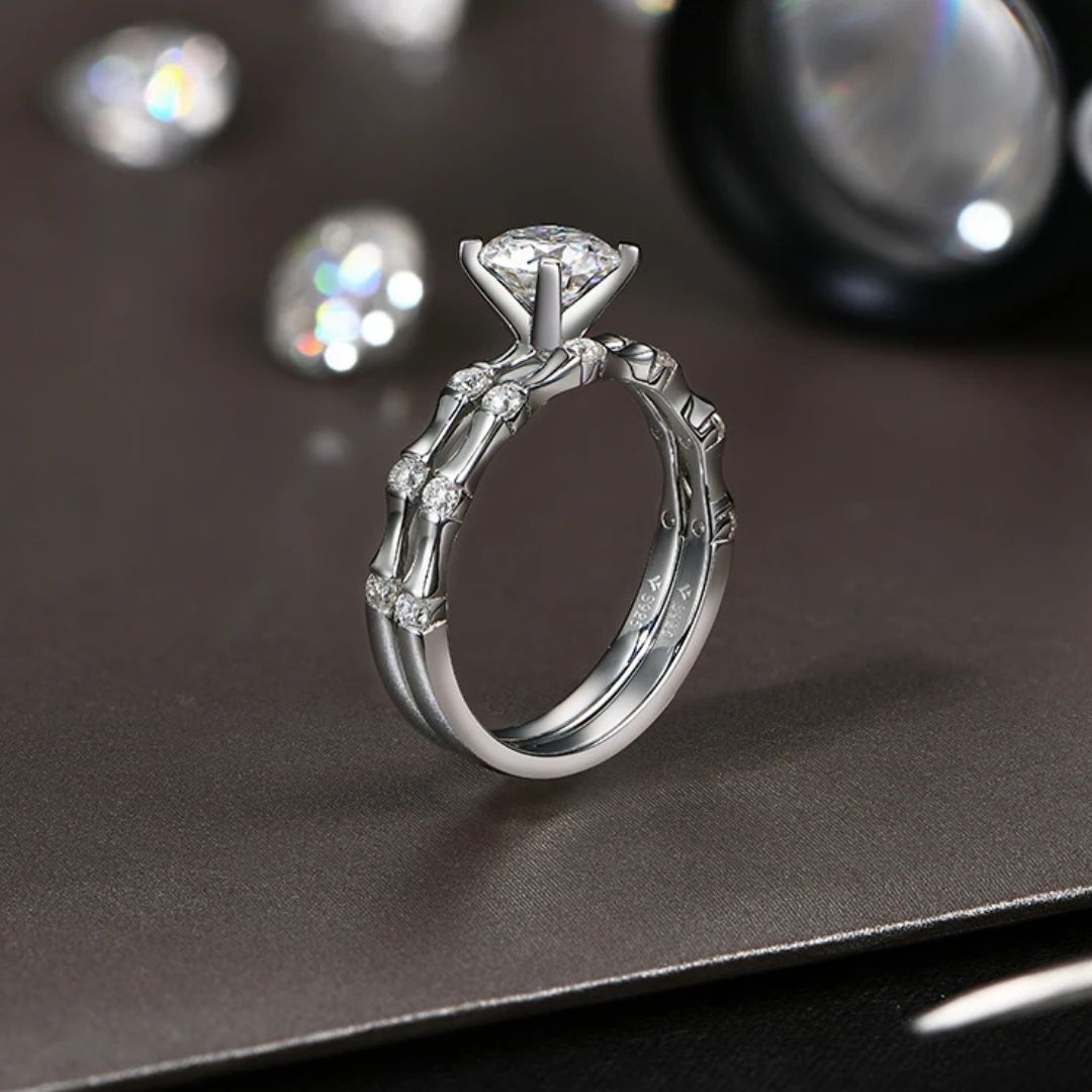 Timeless Glow - 18k Goldplated S925 Zilveren Moissanite Bamboo Ring Dames